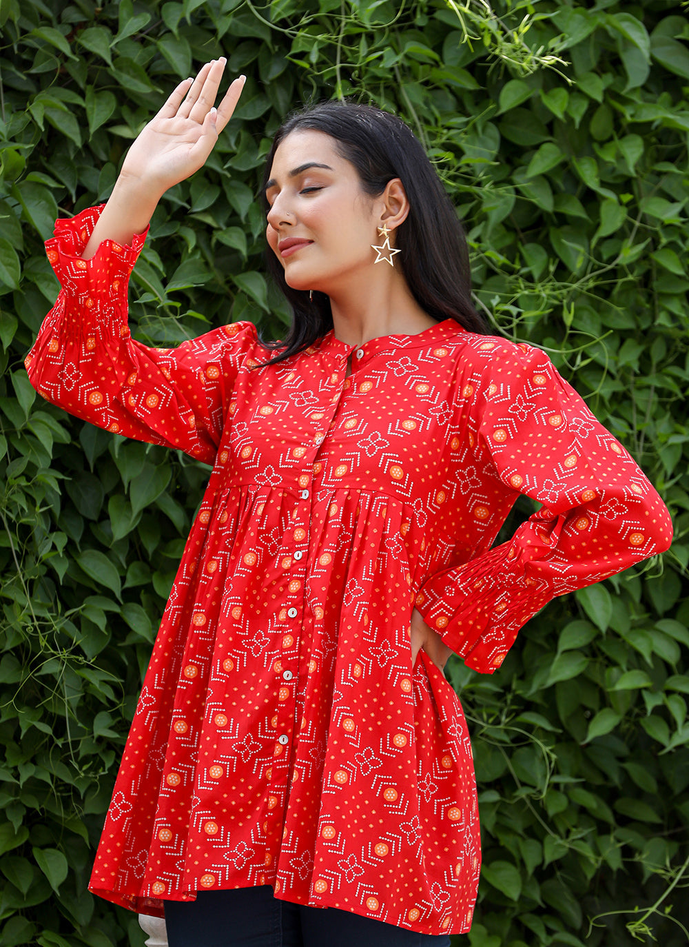 Kaajh Women's Red Printed Cotton Top | Grocsy