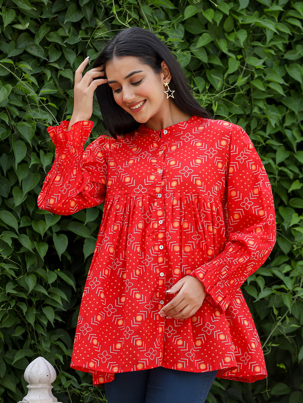 Kaajh Women's Red Printed Cotton Top | Grocsy