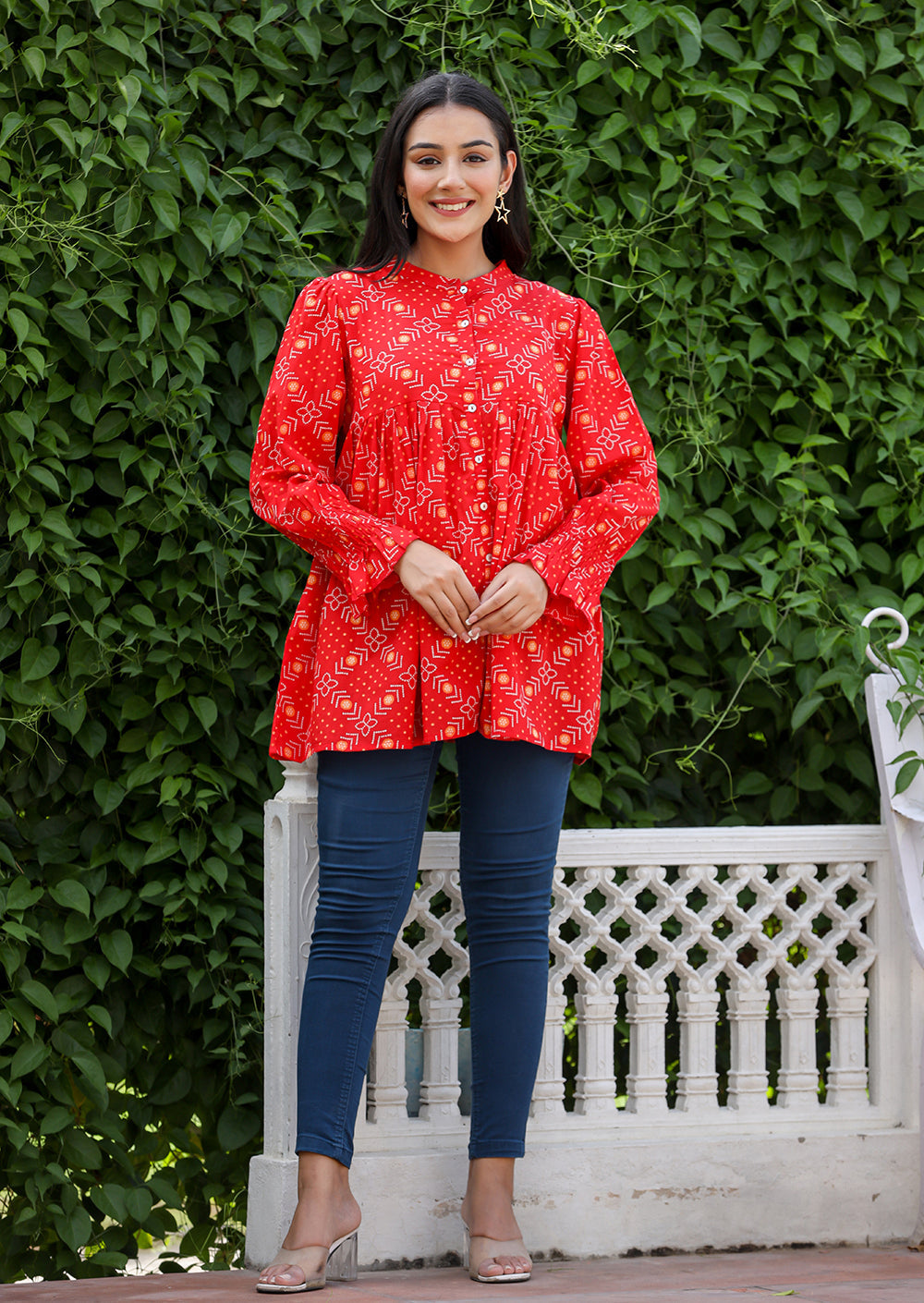 Kaajh Women's Red Printed Cotton Top | Grocsy