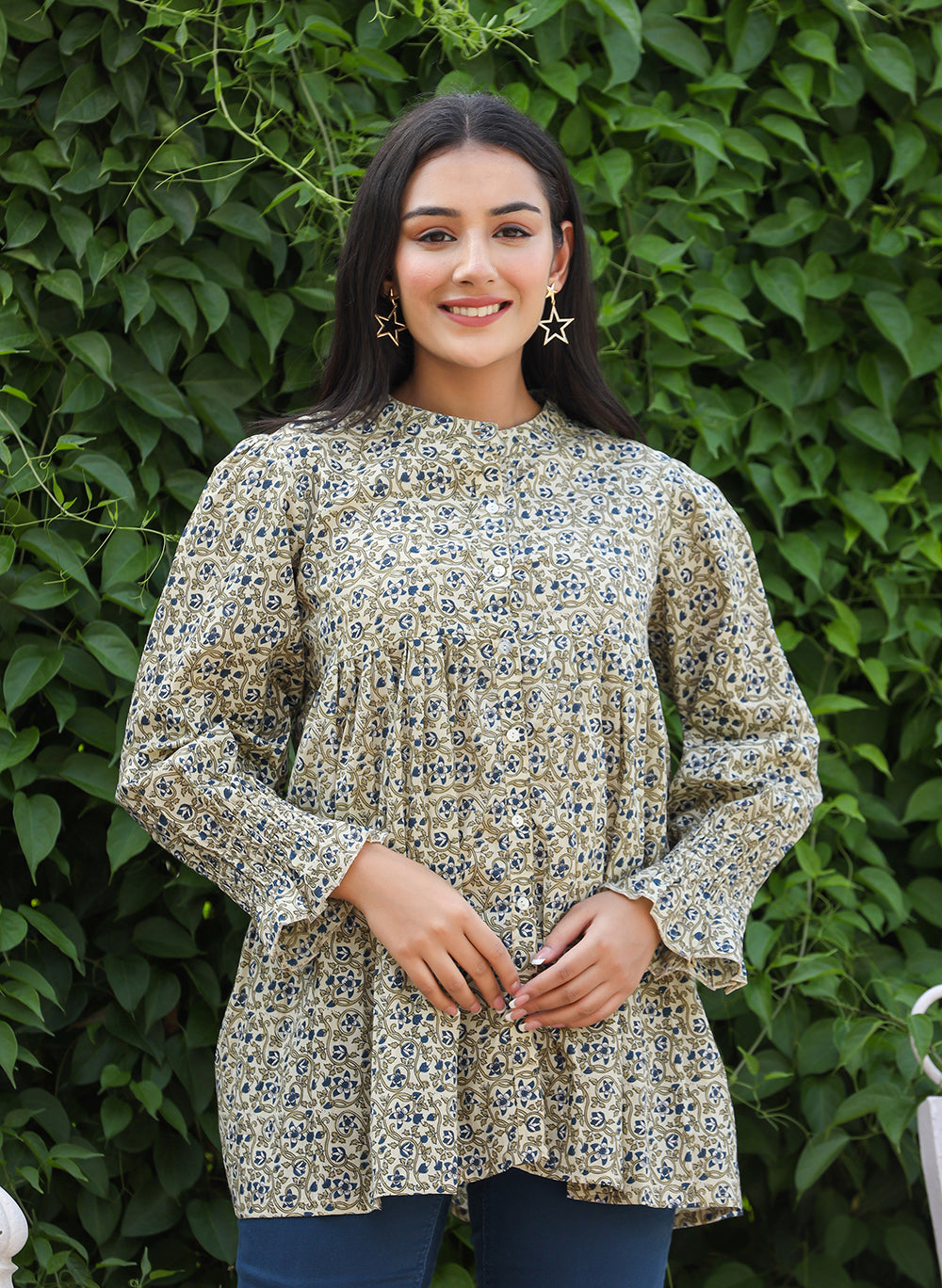Kaajh Women's Green Printed Cotton Top | Grocsy