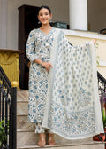 Kaajh Women's White Floral Printed Aaliya Cut Kurta Pant And Dupatta Set | Grocsy