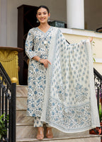 Kaajh Women's White Floral Printed Aaliya Cut Kurta Pant And Dupatta Set | Grocsy