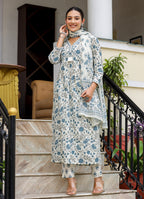 Kaajh Women's White Floral Printed Aaliya Cut Kurta Pant And Dupatta Set | Grocsy
