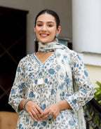 Kaajh Women's White Floral Printed Aaliya Cut Kurta Pant And Dupatta Set | Grocsy
