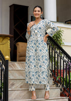 Kaajh Women's White Floral Printed Aaliya Cut Kurta Pant And Dupatta Set | Grocsy