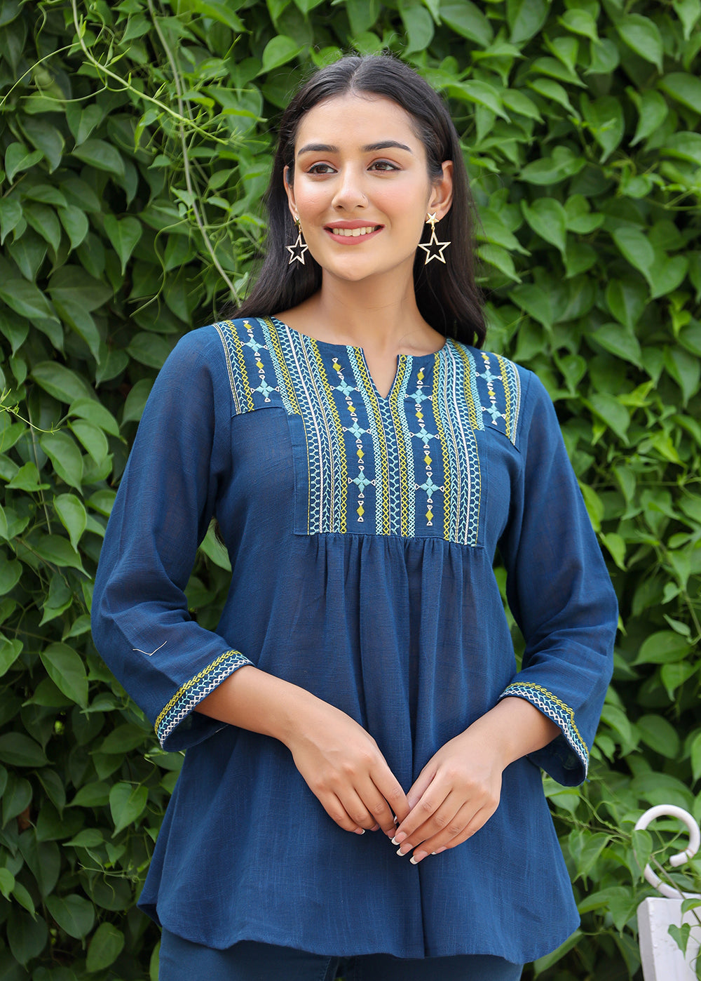 Kaajh Women's Navy Blue Embroidered Cotton Top | Grocsy