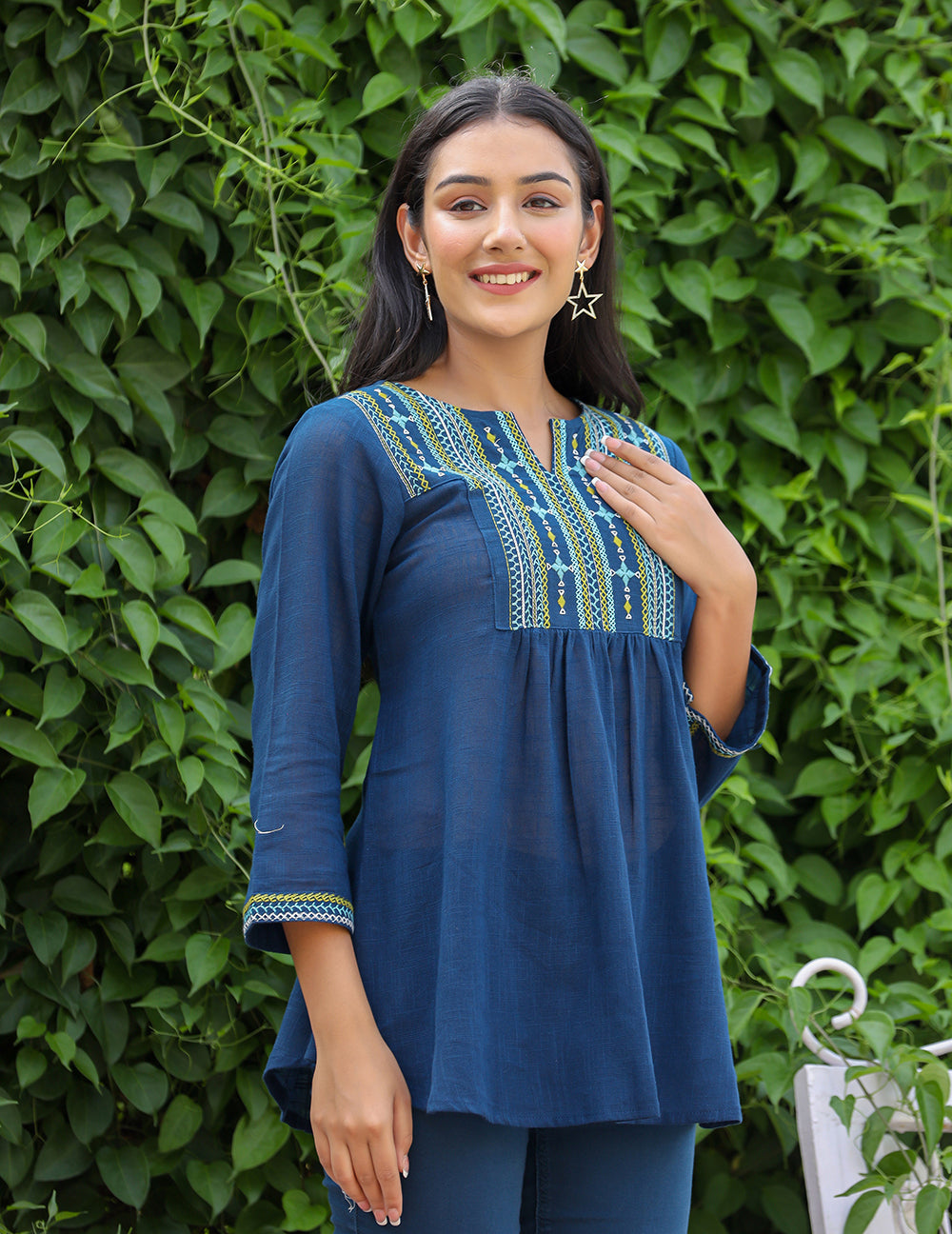 Kaajh Women's Navy Blue Embroidered Cotton Top | Grocsy