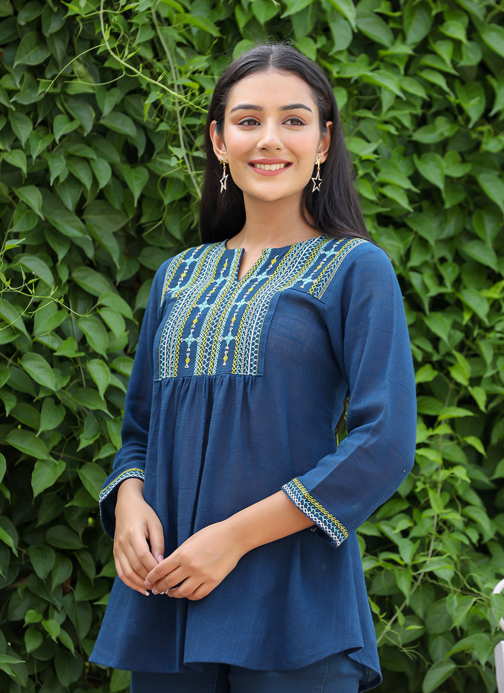 Kaajh Women's Navy Blue Embroidered Cotton Top | Grocsy