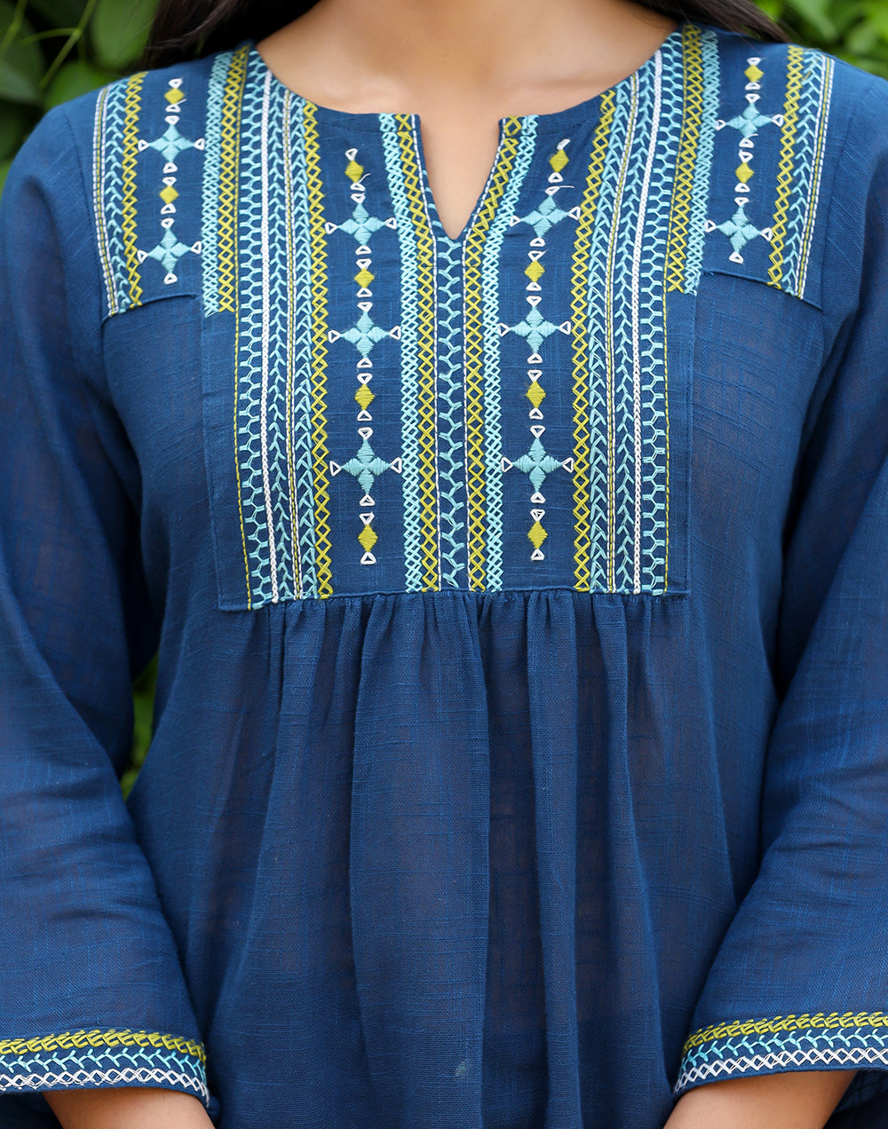 Kaajh Women's Navy Blue Embroidered Cotton Top | Grocsy