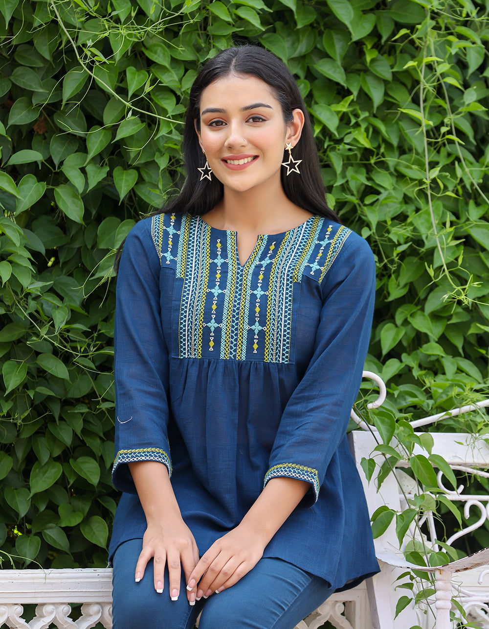 Kaajh Women's Navy Blue Embroidered Cotton Top | Grocsy