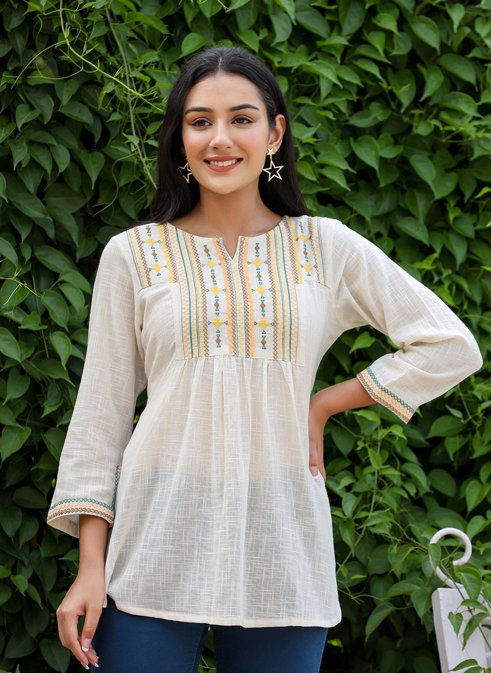 Kaajh Women's Off White Embroidered Cotton Top | Grocsy