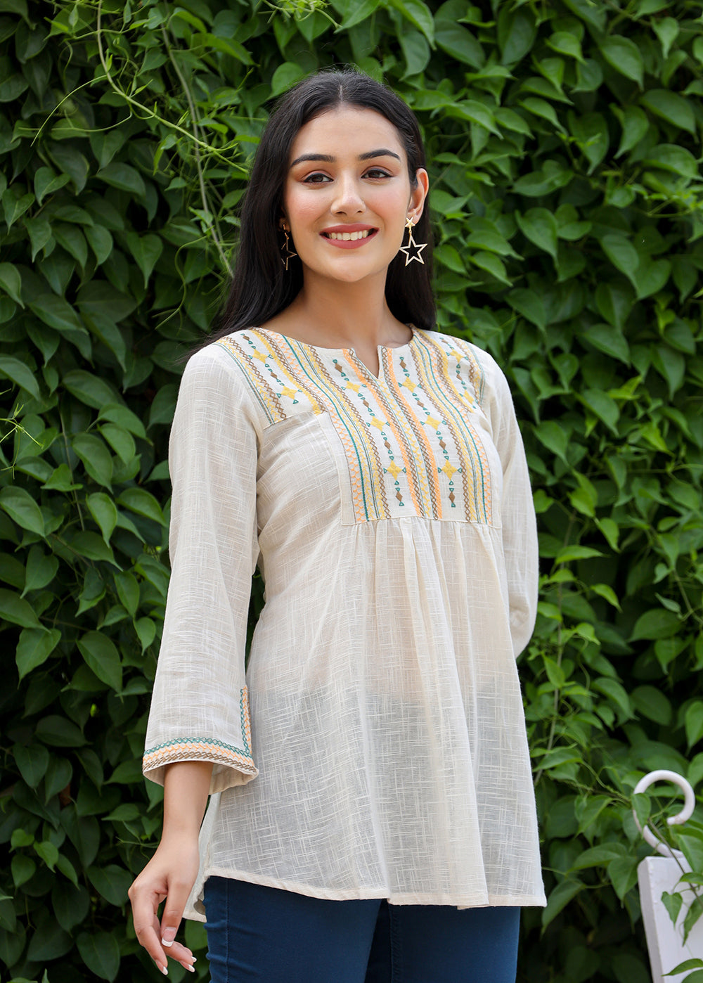 Kaajh Women's Off White Embroidered Cotton Top | Grocsy