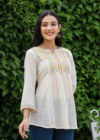 Kaajh Women's Off White Embroidered Cotton Top | Grocsy