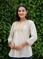 Kaajh Women's Off White Embroidered Cotton Top | Grocsy