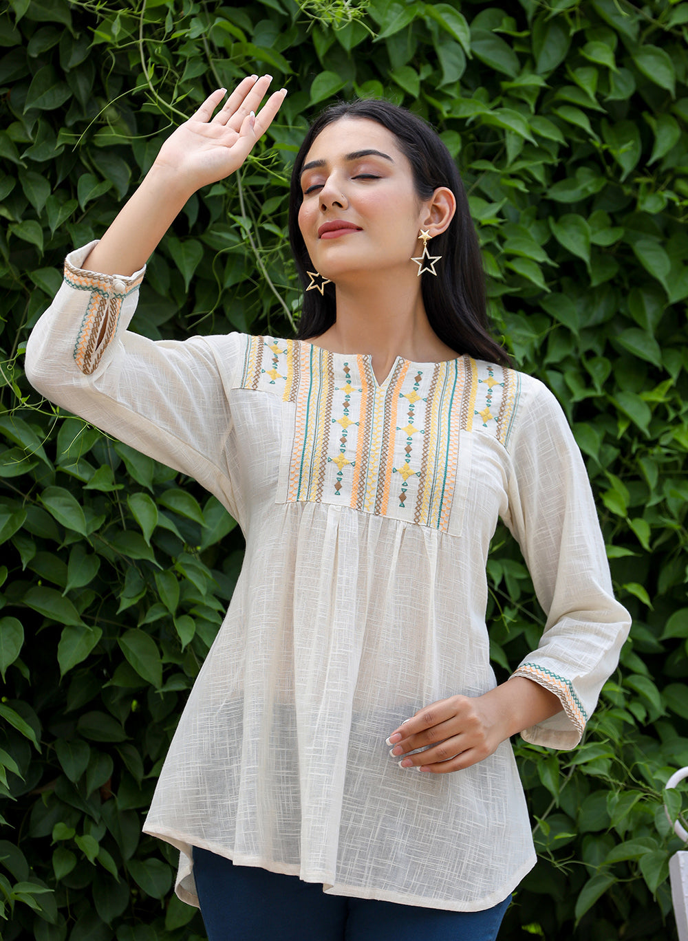 Kaajh Women's Off White Embroidered Cotton Top | Grocsy