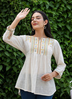 Kaajh Women's Off White Embroidered Cotton Top | Grocsy