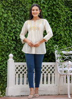 Kaajh Women's Off White Embroidered Cotton Top | Grocsy