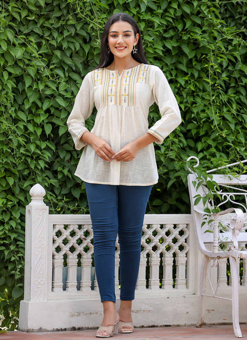 Kaajh Women's Off White Embroidered Cotton Top | Grocsy