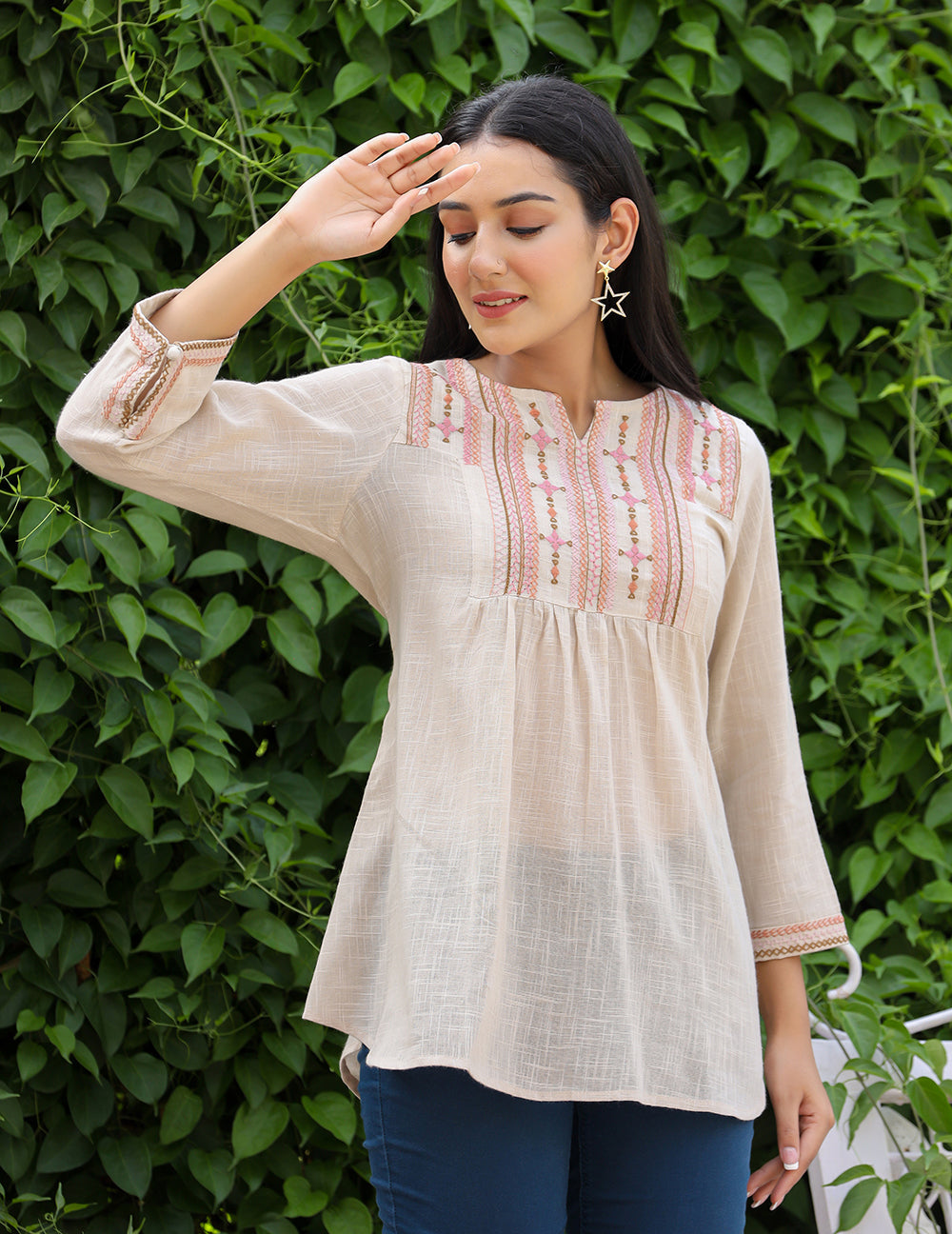 Kaajh Women's Ivory Embroidered Cotton Top | Grocsy