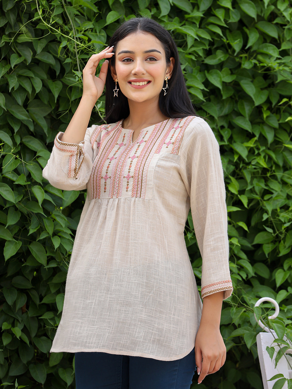 Kaajh Women's Ivory Embroidered Cotton Top | Grocsy