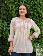 Kaajh Women's Ivory Embroidered Cotton Top | Grocsy