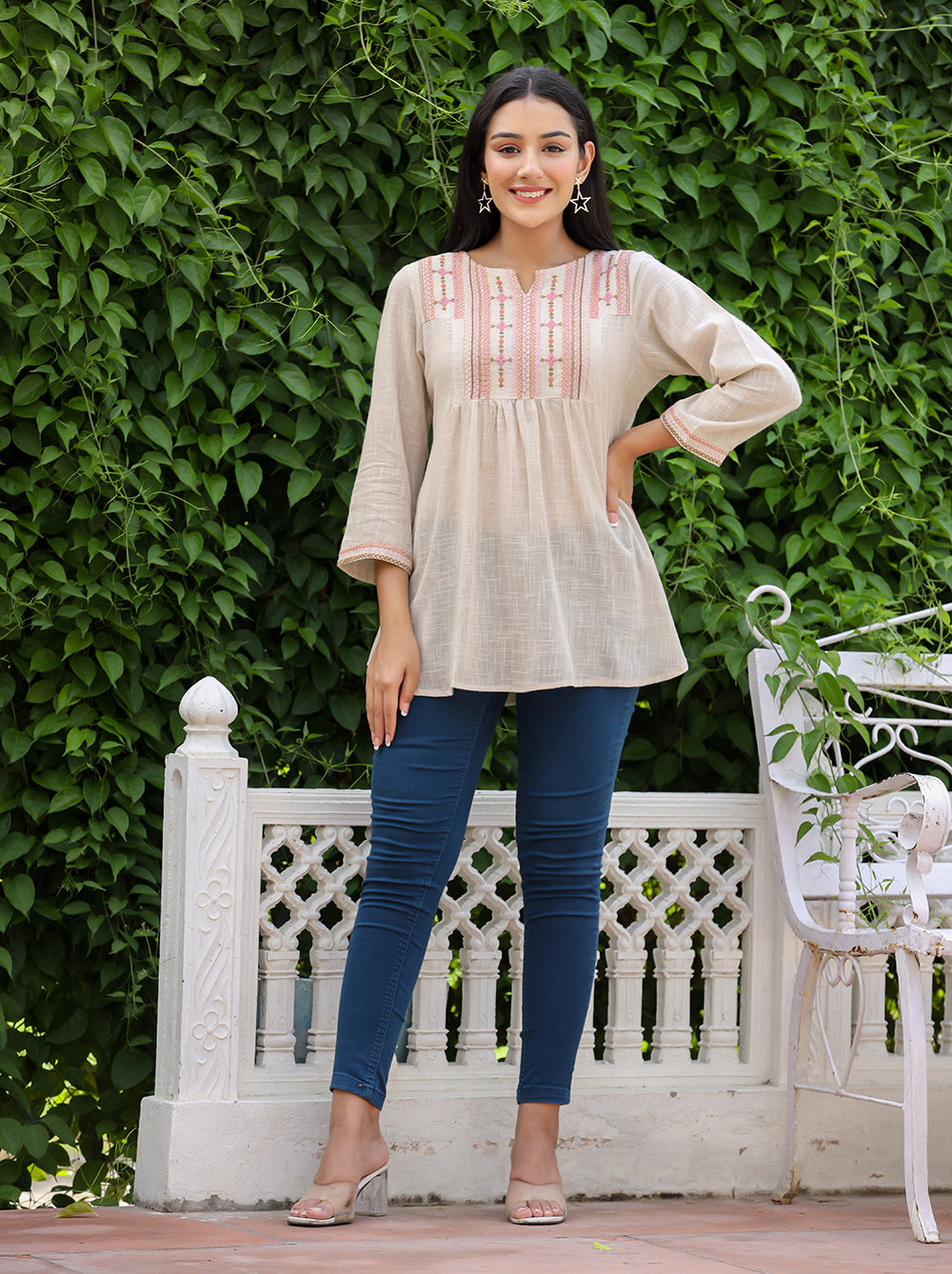 Kaajh Women's Ivory Embroidered Cotton Top | Grocsy