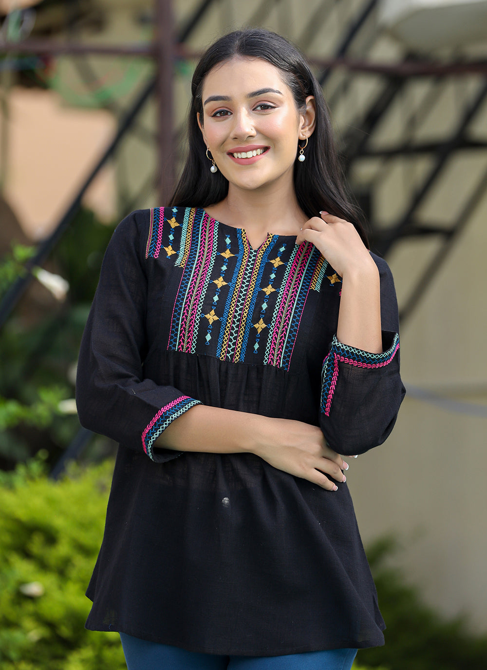 Kaajh Women's Black Embroidered Cotton Top | Grocsy