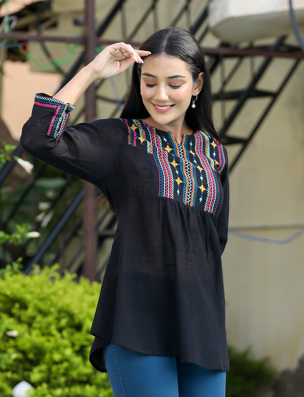 Kaajh Women's Black Embroidered Cotton Top | Grocsy