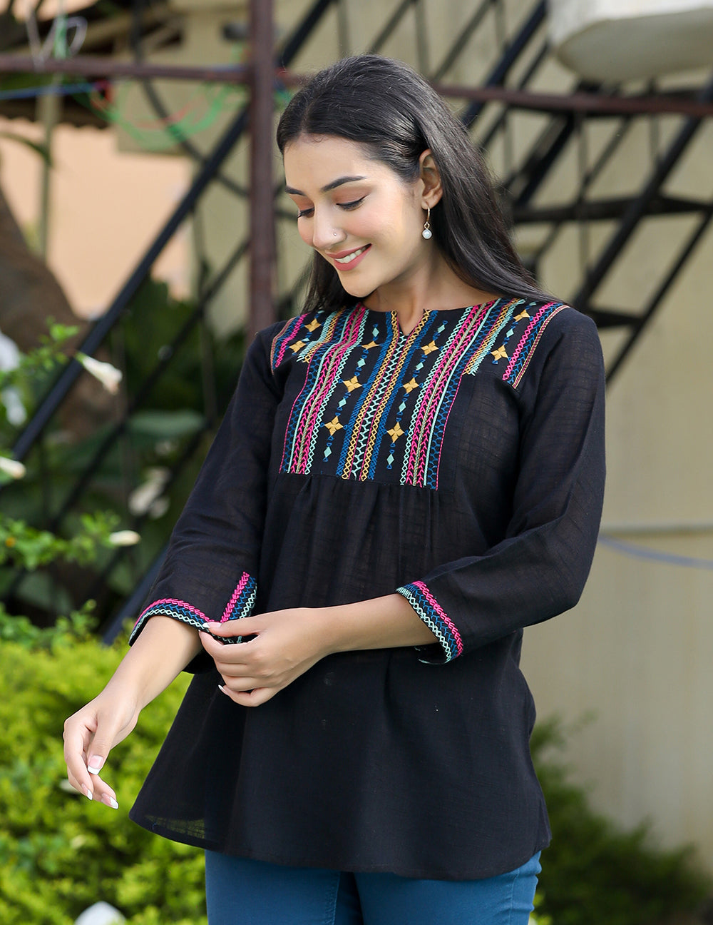 Kaajh Women's Black Embroidered Cotton Top | Grocsy