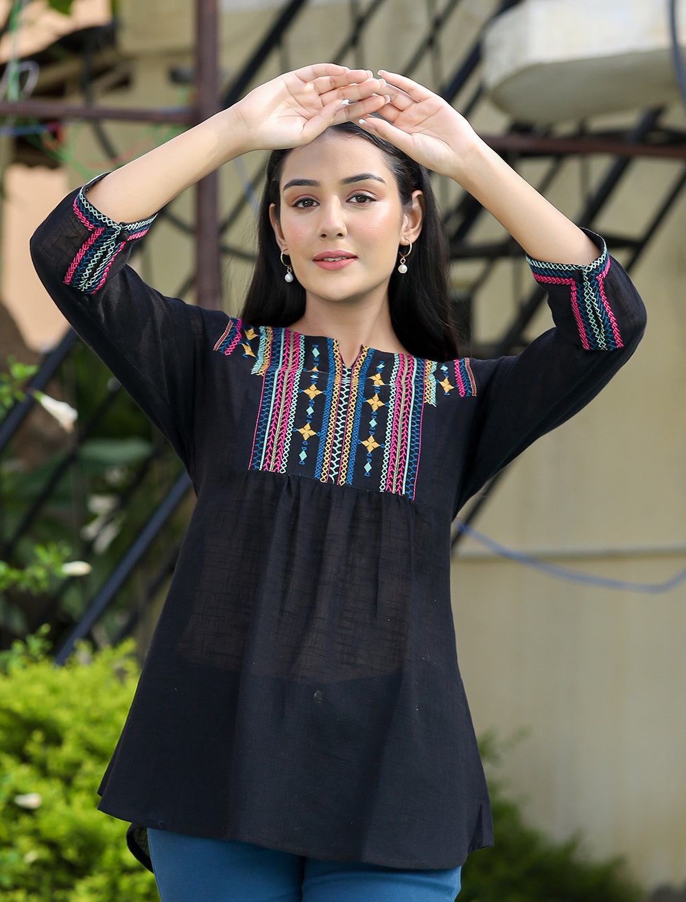 Kaajh Women's Black Embroidered Cotton Top | Grocsy