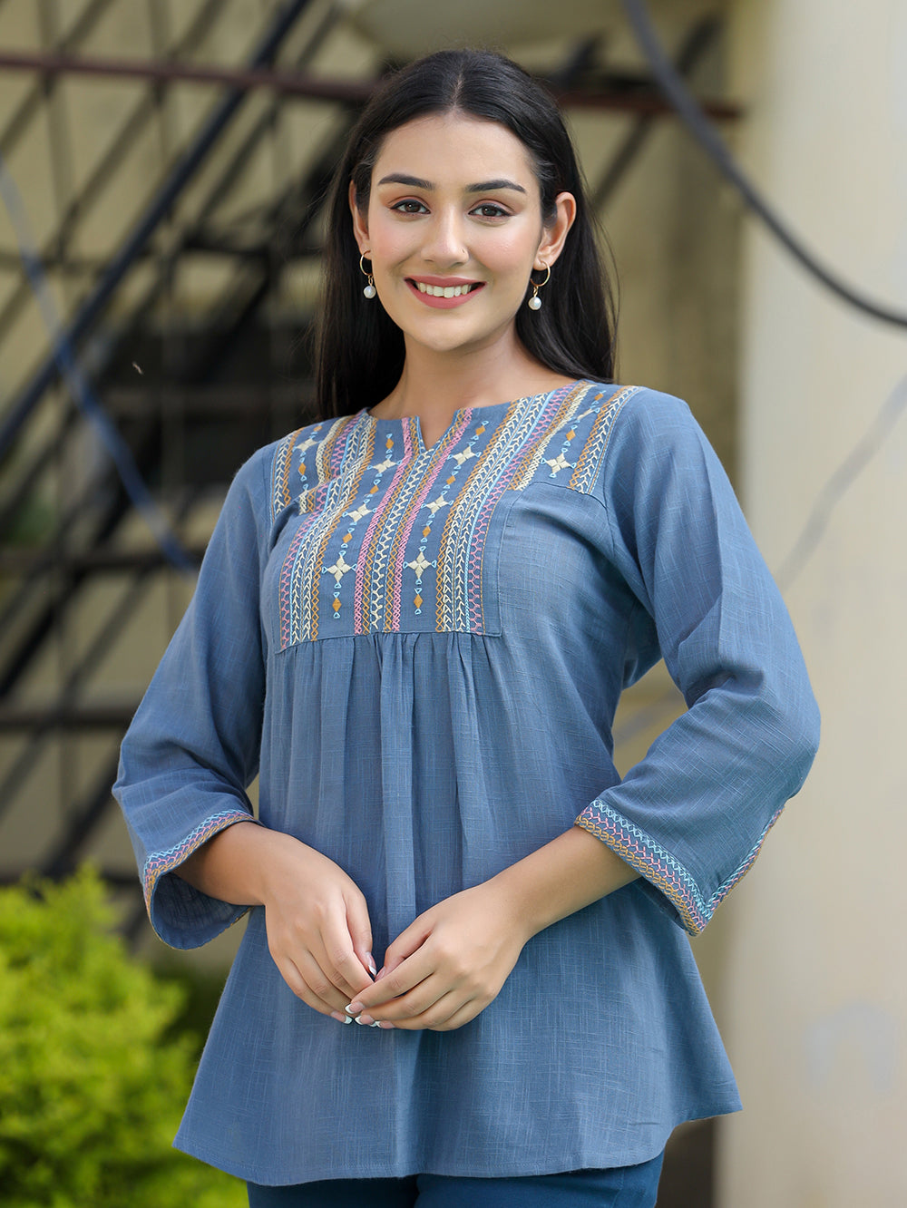 Kaajh Women's Light Blue Embroidered Cotton Top | Grocsy