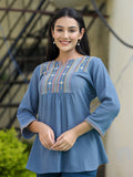 Kaajh Women's Light Blue Embroidered Cotton Top | Grocsy