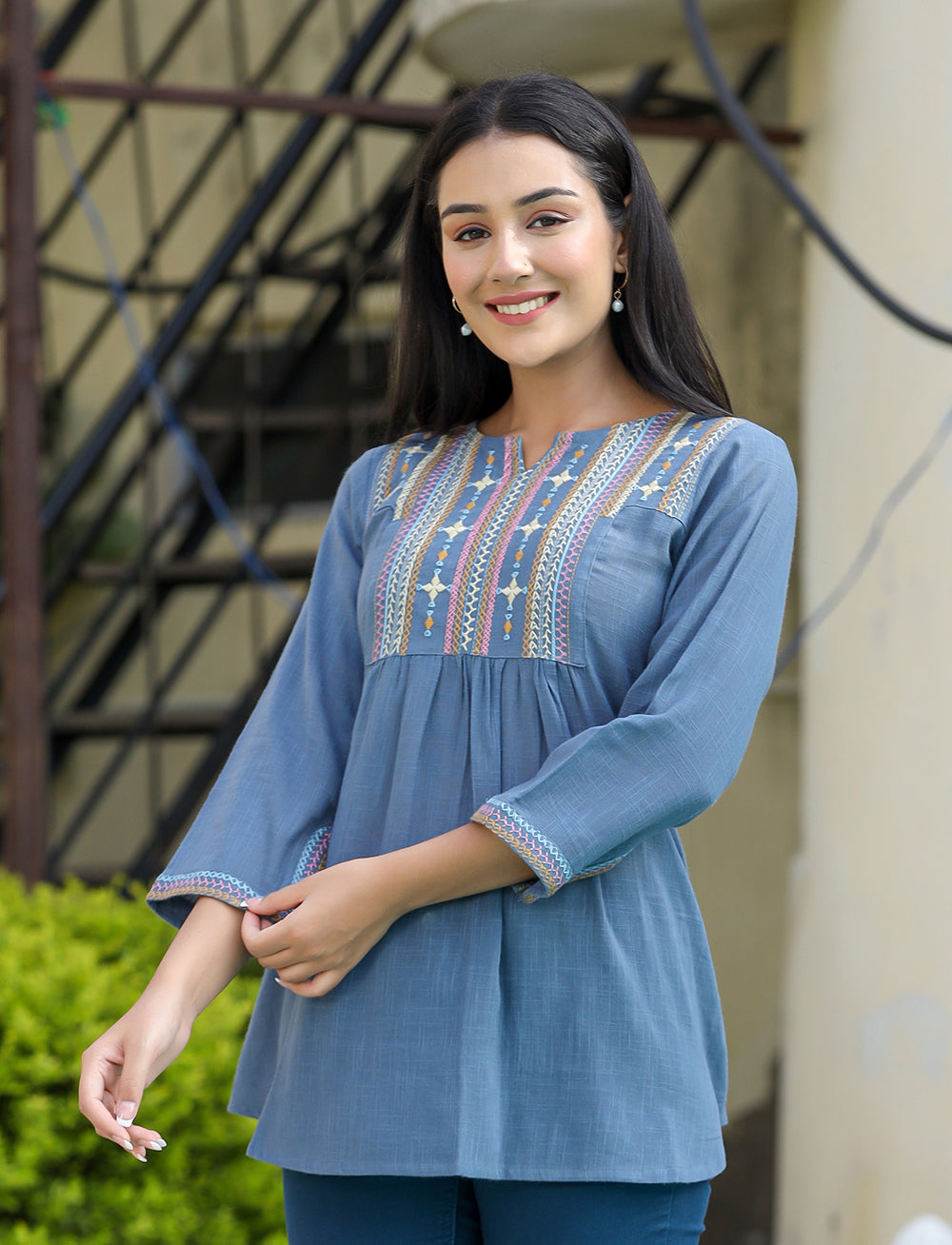 Kaajh Women's Light Blue Embroidered Cotton Top | Grocsy