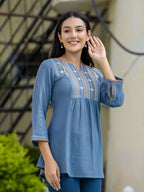 Kaajh Women's Light Blue Embroidered Cotton Top | Grocsy