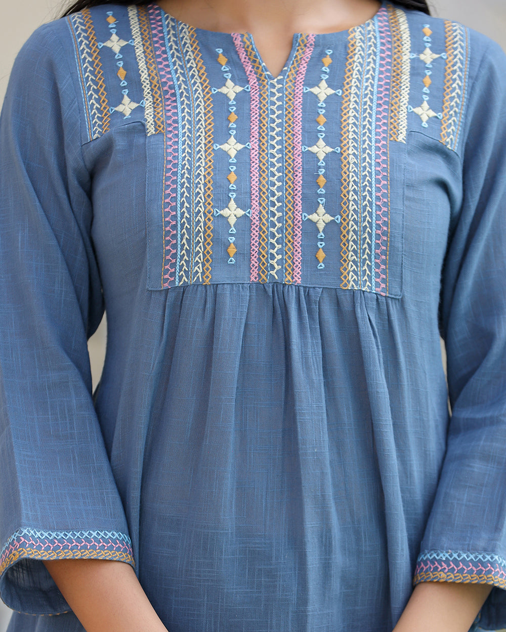 Kaajh Women's Light Blue Embroidered Cotton Top | Grocsy