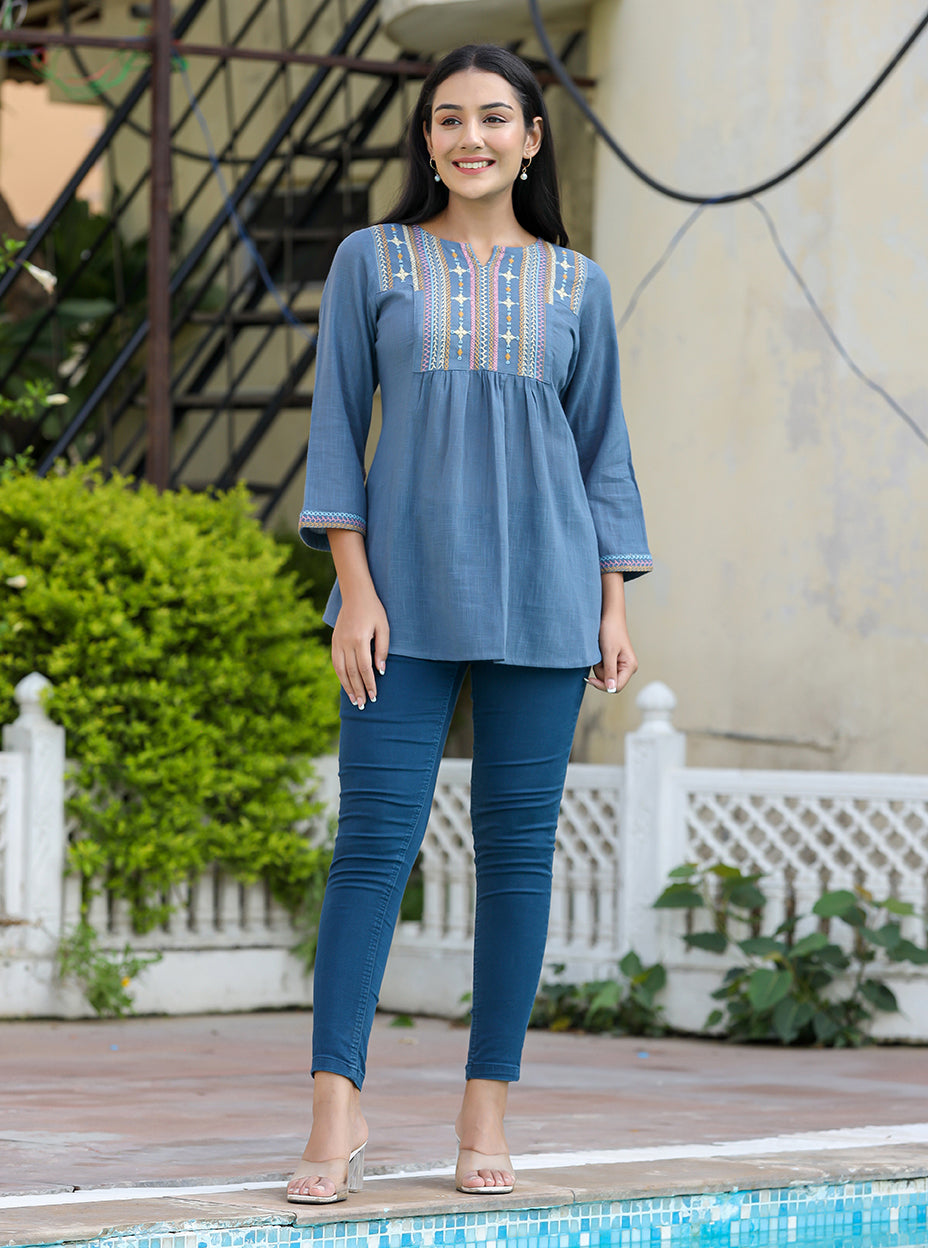 Kaajh Women's Light Blue Embroidered Cotton Top | Grocsy
