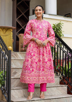 Kaajh Women's Pink Floral Print Cotton Kurta Set | Grocsy
