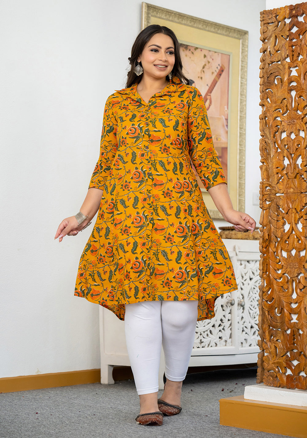 Kaajh Women's Yellow Floral Printed Plus Size Cotton Kurta | Grocsy