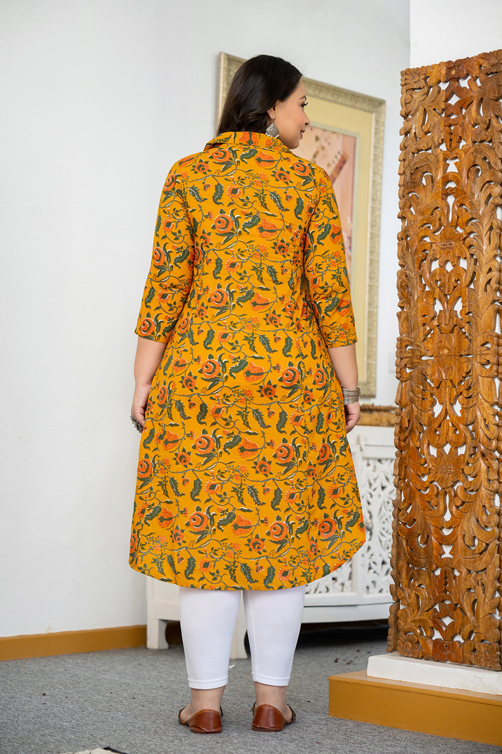Kaajh Women's Yellow Floral Printed Plus Size Cotton Kurta | Grocsy