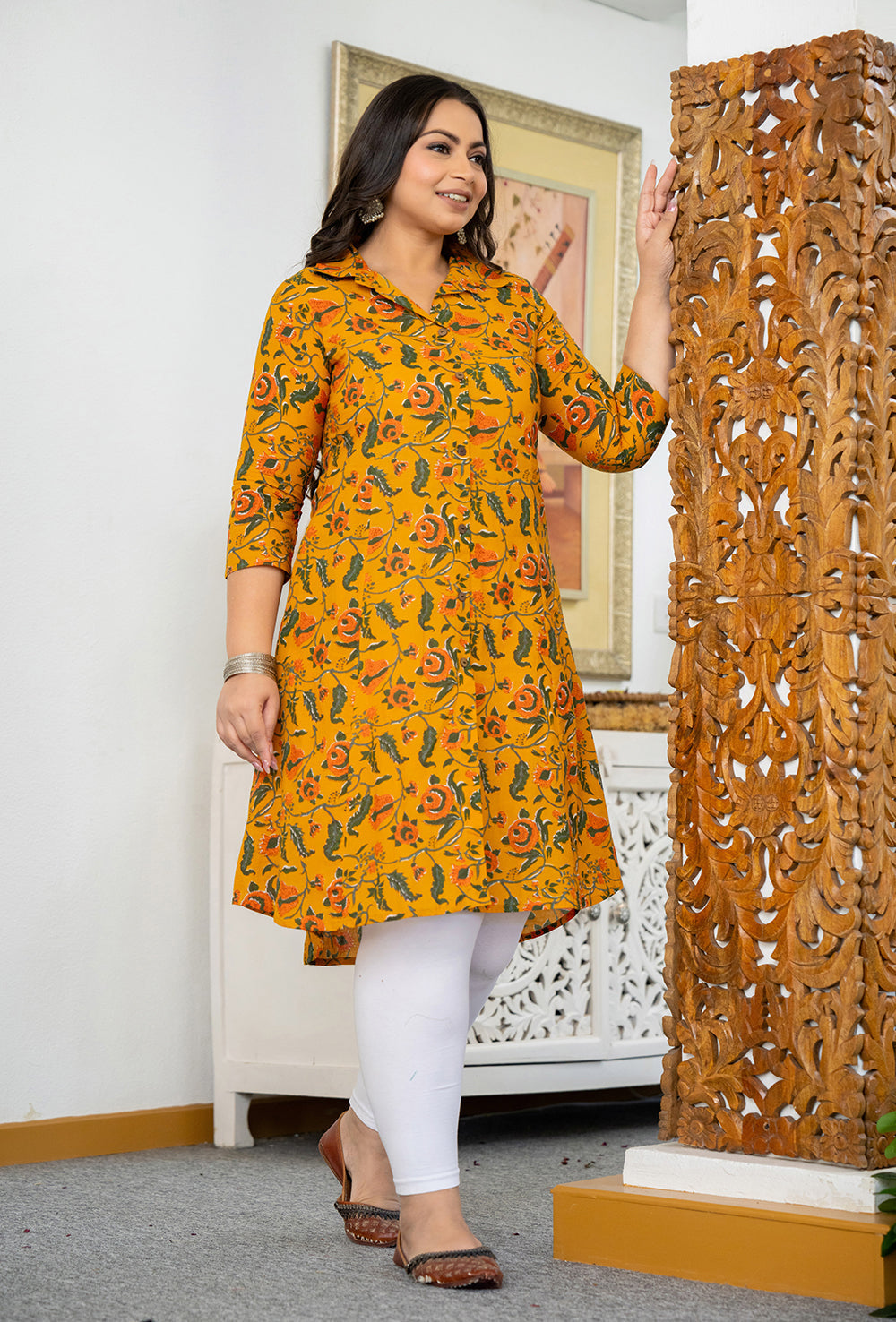 Kaajh Women's Yellow Floral Printed Plus Size Cotton Kurta | Grocsy