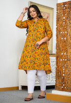 Kaajh Women's Yellow Floral Printed Plus Size Cotton Kurta | Grocsy