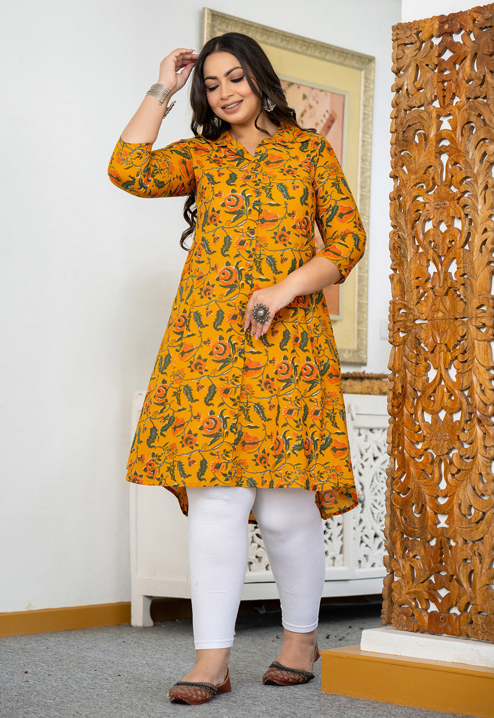 Kaajh Women's Yellow Floral Printed Plus Size Cotton Kurta | Grocsy