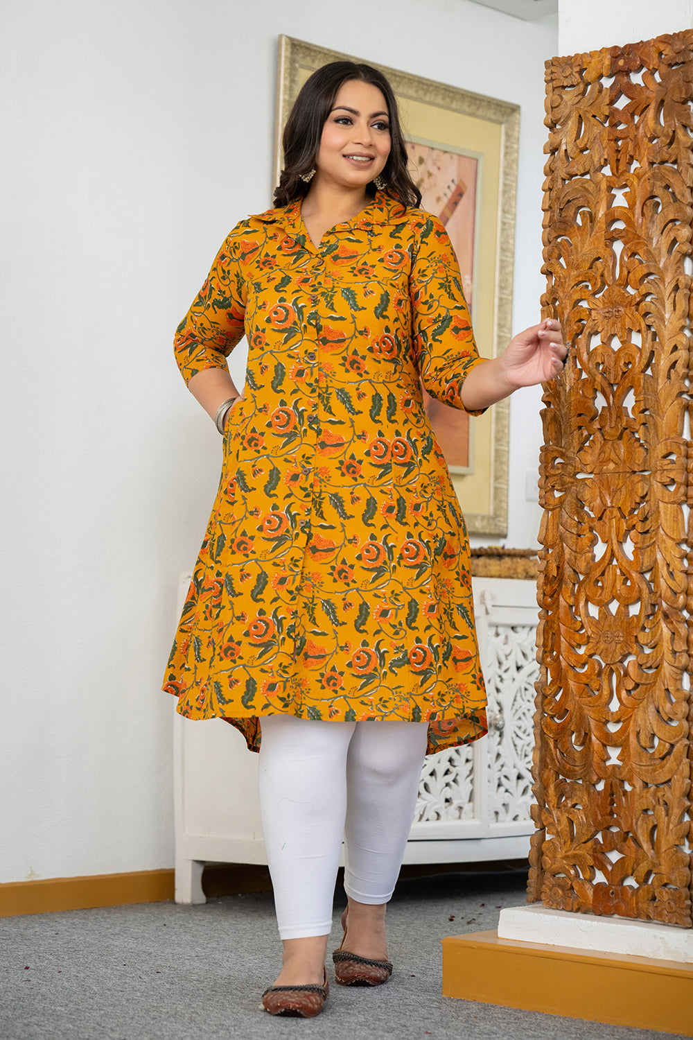 Kaajh Women's Yellow Floral Printed Plus Size Cotton Kurta | Grocsy