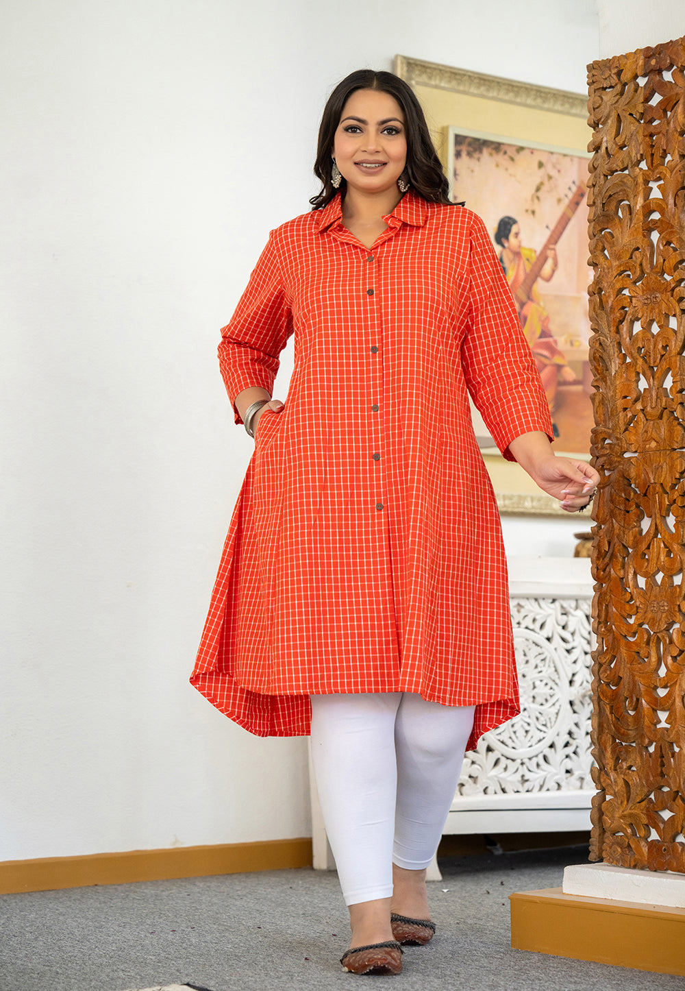 Kaajh Women's Red Check Print Plus Size Cotton Kurta | Grocsy