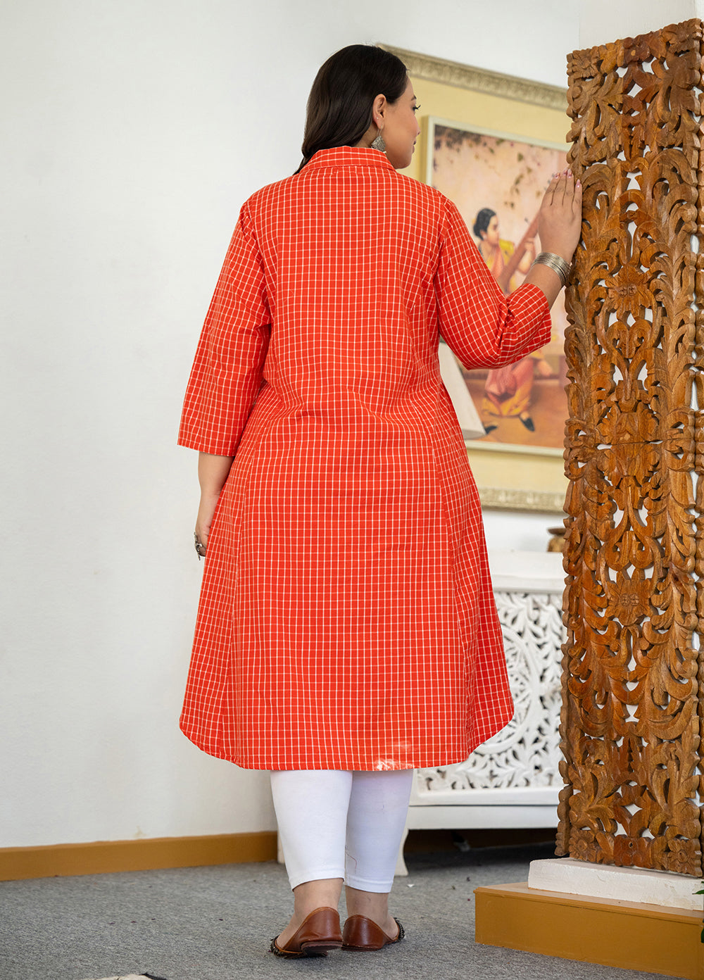 Kaajh Women's Red Check Print Plus Size Cotton Kurta | Grocsy