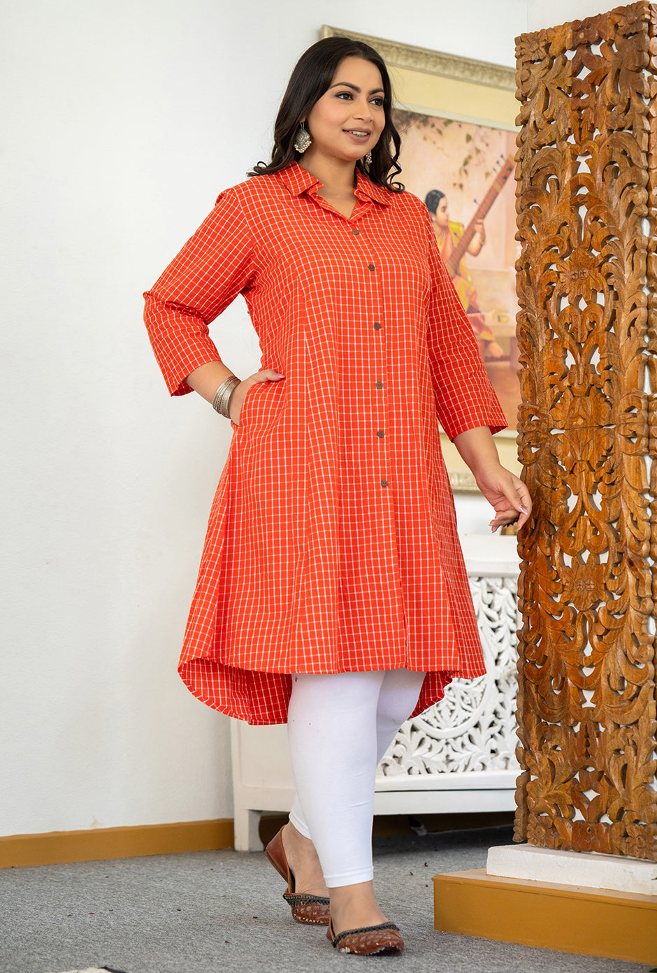 Kaajh Women's Red Check Print Plus Size Cotton Kurta | Grocsy