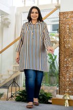Kaajh Women's Blue Striped Viscose Rayon Plus Size Kurta | Grocsy