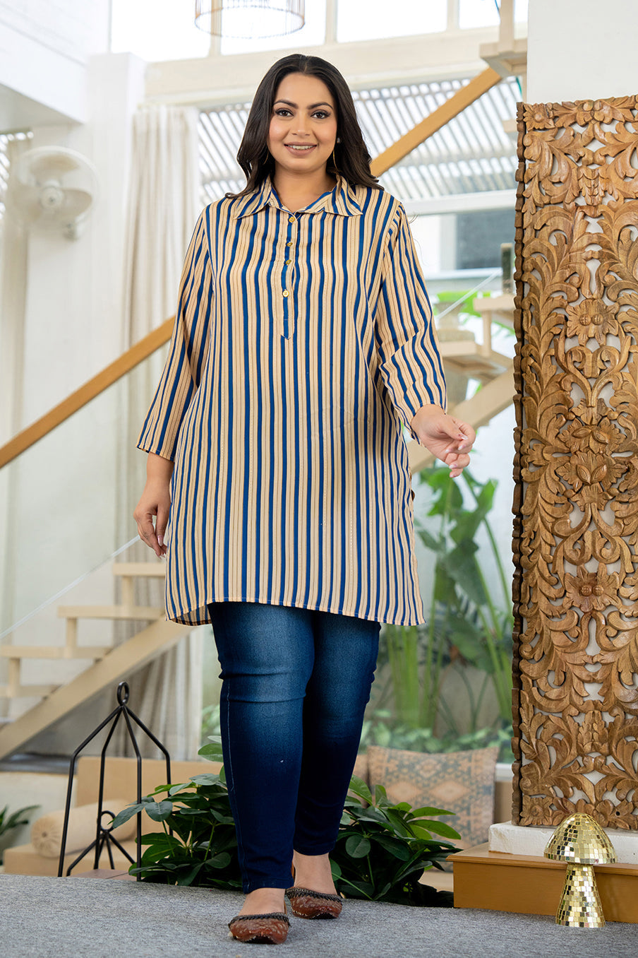 Kaajh Women's Blue Striped Viscose Rayon Plus Size Kurta | Grocsy