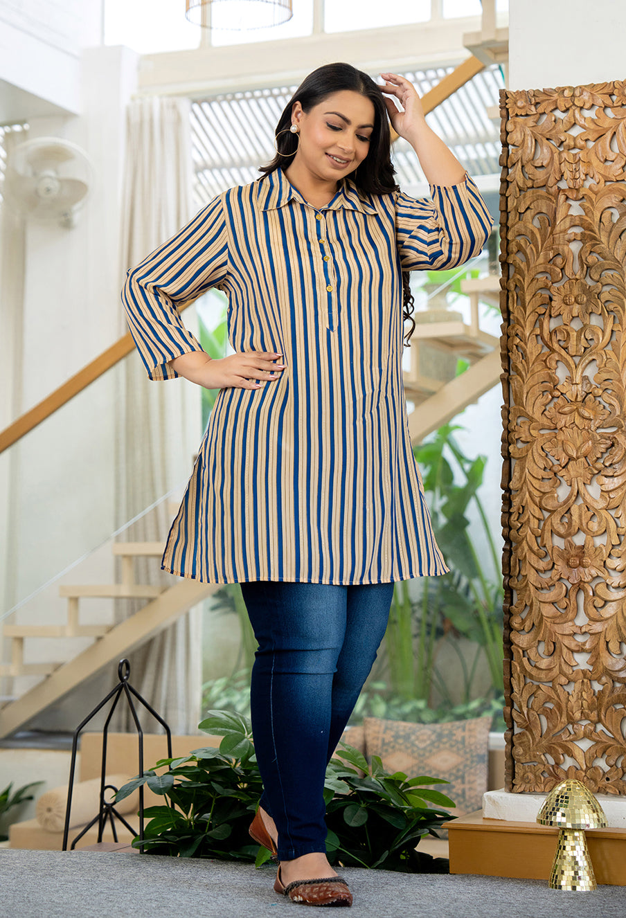 Kaajh Women's Blue Striped Viscose Rayon Plus Size Kurta | Grocsy