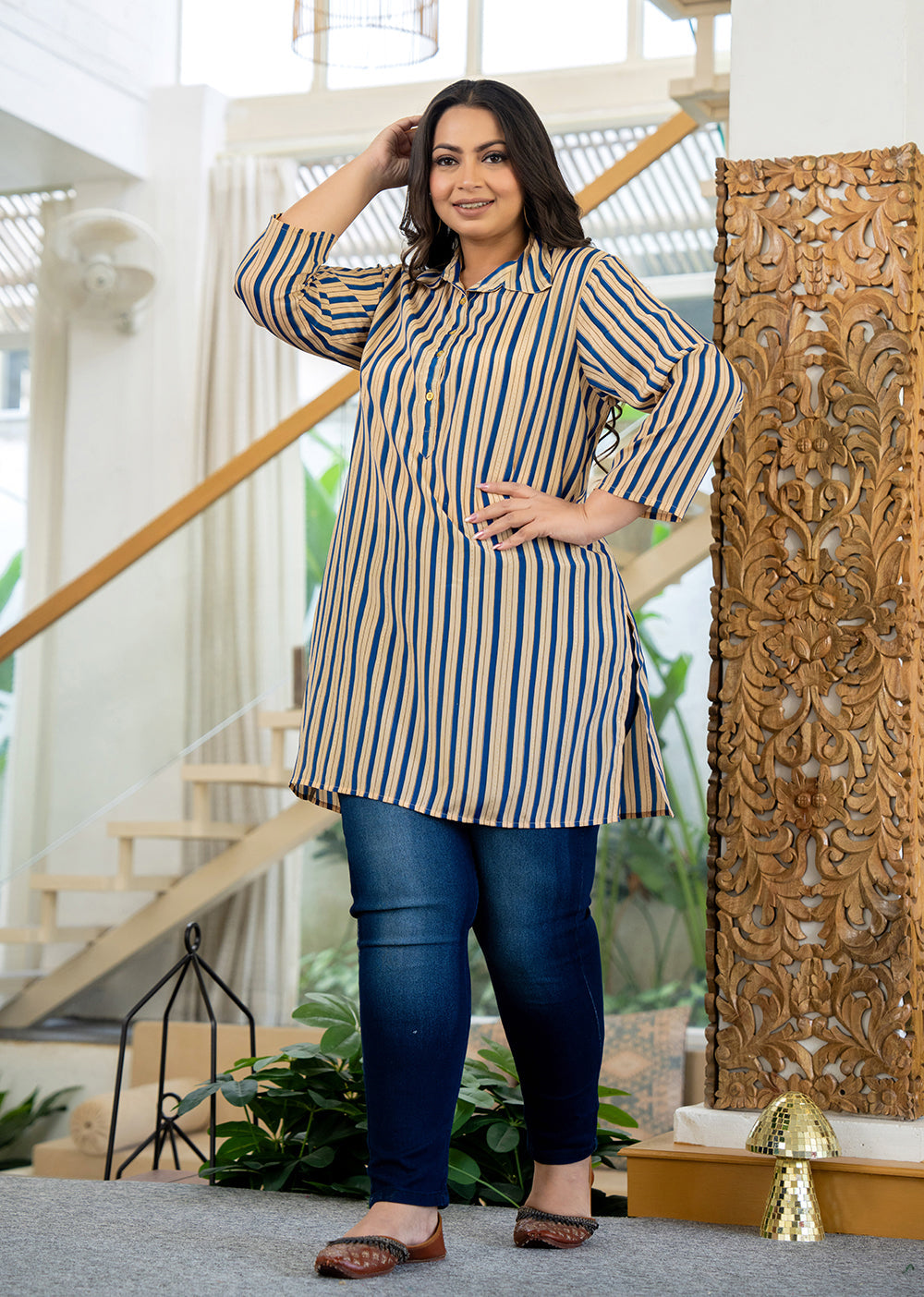 Kaajh Women's Blue Striped Viscose Rayon Plus Size Kurta | Grocsy